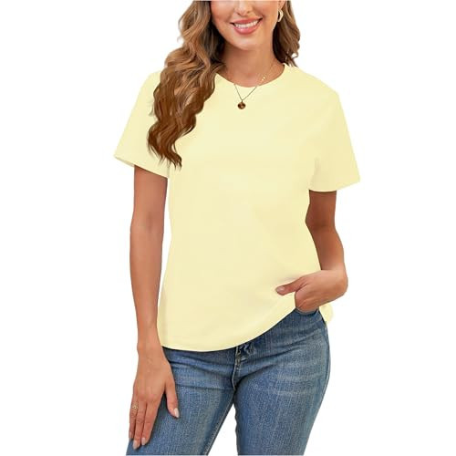 100% Cotton Premium Women's Light Yellow Short Sleeve Crew Neck T-Shirt, Regular Fit Casual T Shirt Tops, Basic Tees, Tshirt, Tshirt | Amazon (US)