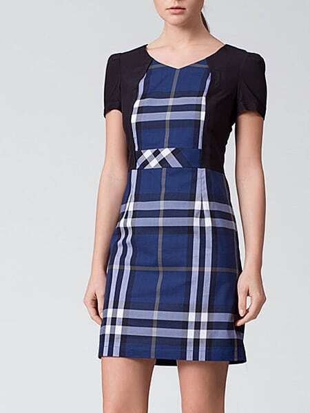 Navy Black Short Sleeve Check Print Dress | SHEIN