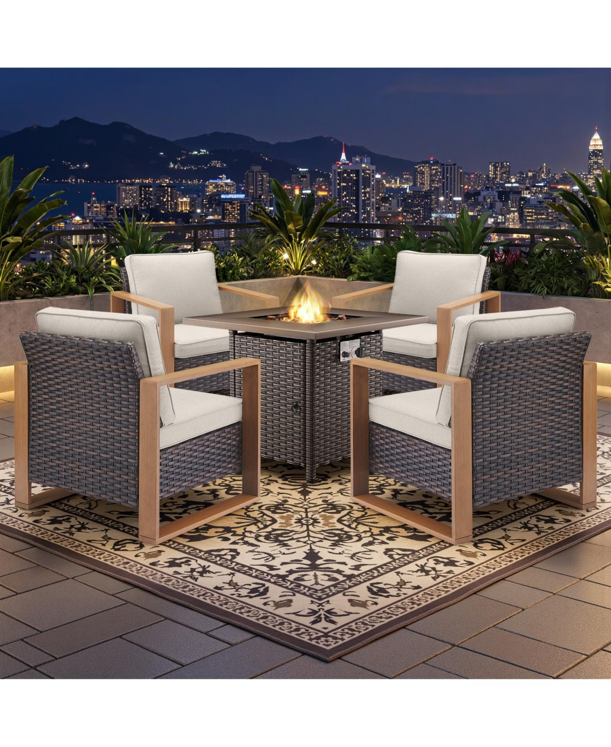 Gymojoy Outdoor Furniture with Fire Pit -Patio Table and Chairs Set of 4 Patio Club Chairs for Deck Porch Garden Poolside Backyard - Beige cushion bro | Macy's