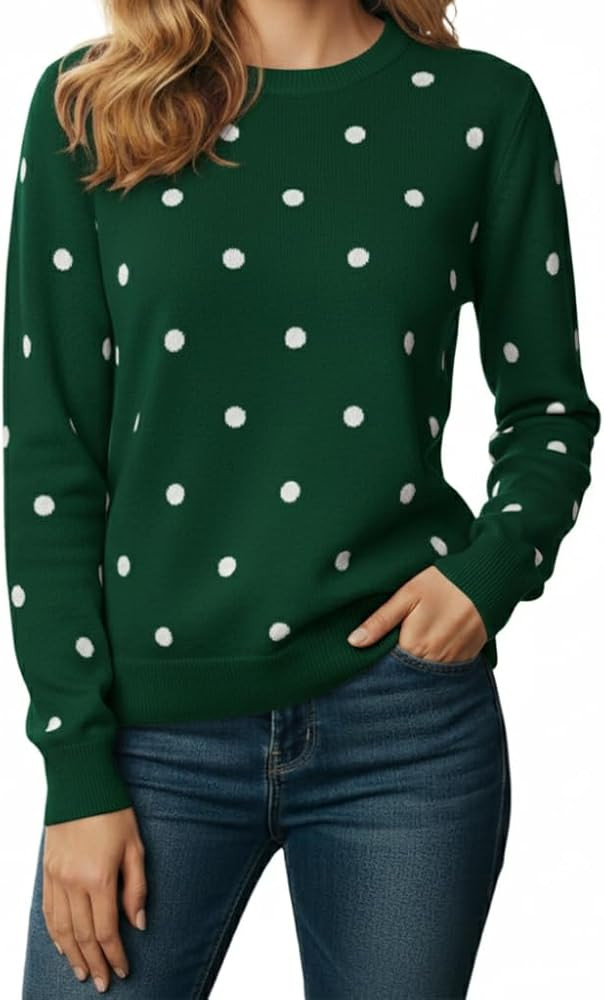 Women's Polka Dot Crewneck Sweater, Casual Long Sleeve Knit Pullover Top, Soft and Comfortable Ev... | Amazon (US)
