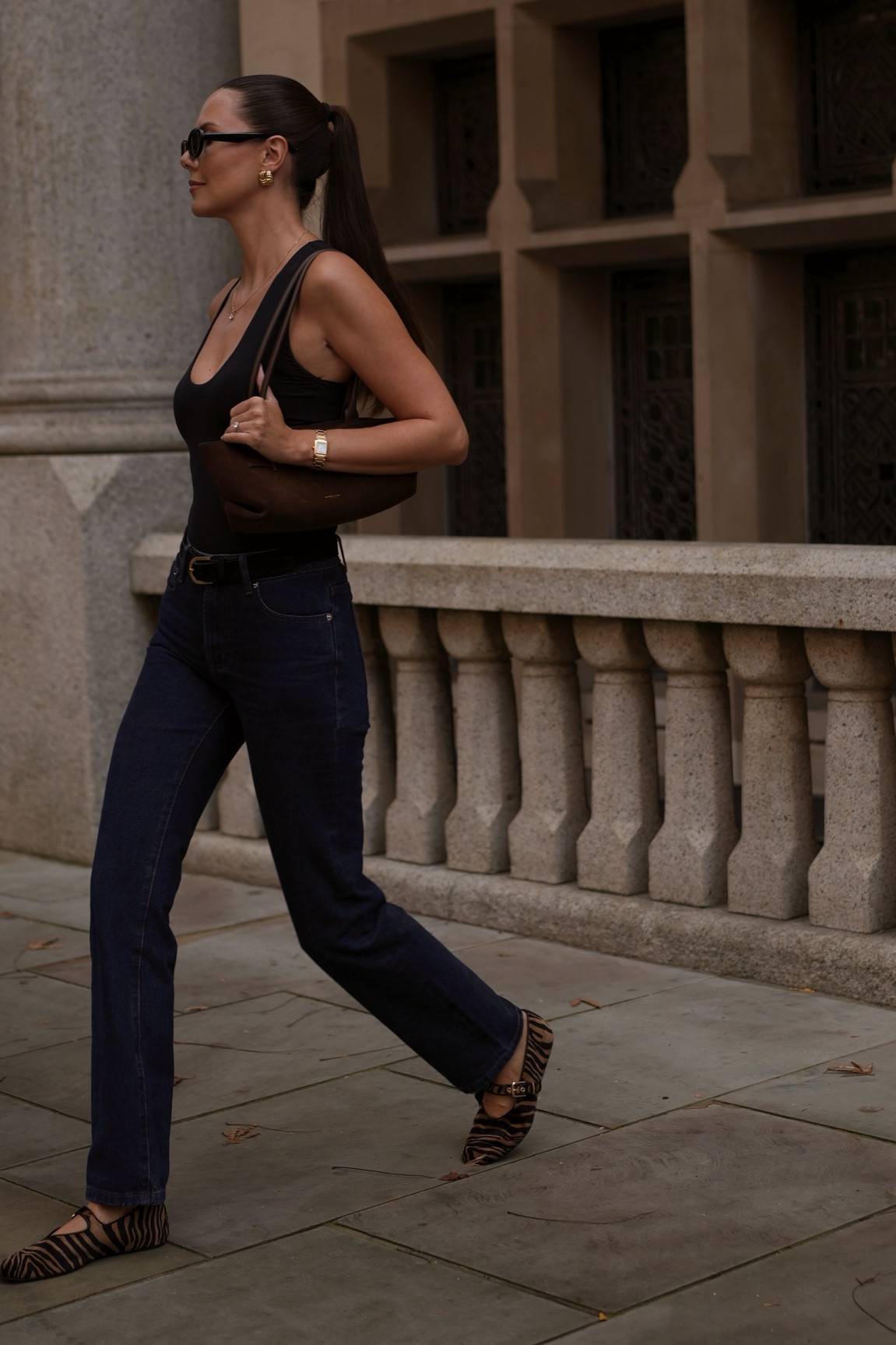 Karen Millen black bodysuit
Karen Millen dark denim mid rise slim straight jeans
Karen Millen black suede belt
DeMellier brown suede New York shoulder bag
H&M zebra Mary Jane flat ballet shoes
Karen Millen gold quilted square vintage style earrings 
OOTD
Autumn outfits

#LTKSeasonal #LTKstyletip #LTKeurope