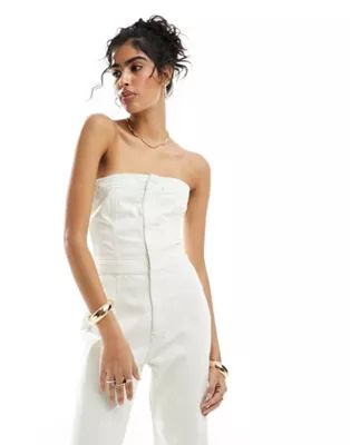 ASOS DESIGN strapless denim jumpsuit in off white | ASOS (Global)