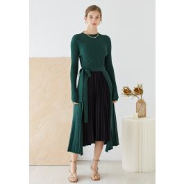 Front Pleats Splicing Belted Hi-Lo Knit Dress in Dark Green | Chicwish