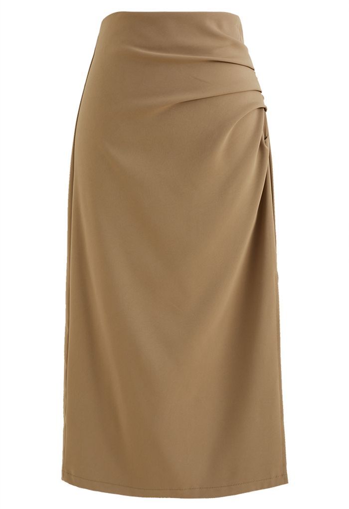 Side Ruched Slit Hem Pencil Skirt in Khaki | Chicwish
