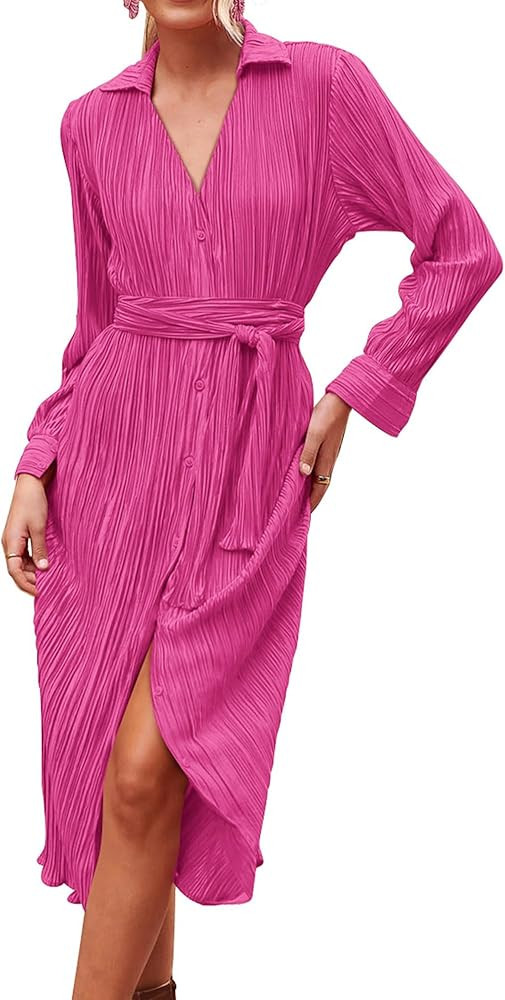 KIRUNDO Womens 2024 Spring Fall Long Sleeve Midi Dress Button Down Pleated Shirt Casual V Neck Ti... | Amazon (US)