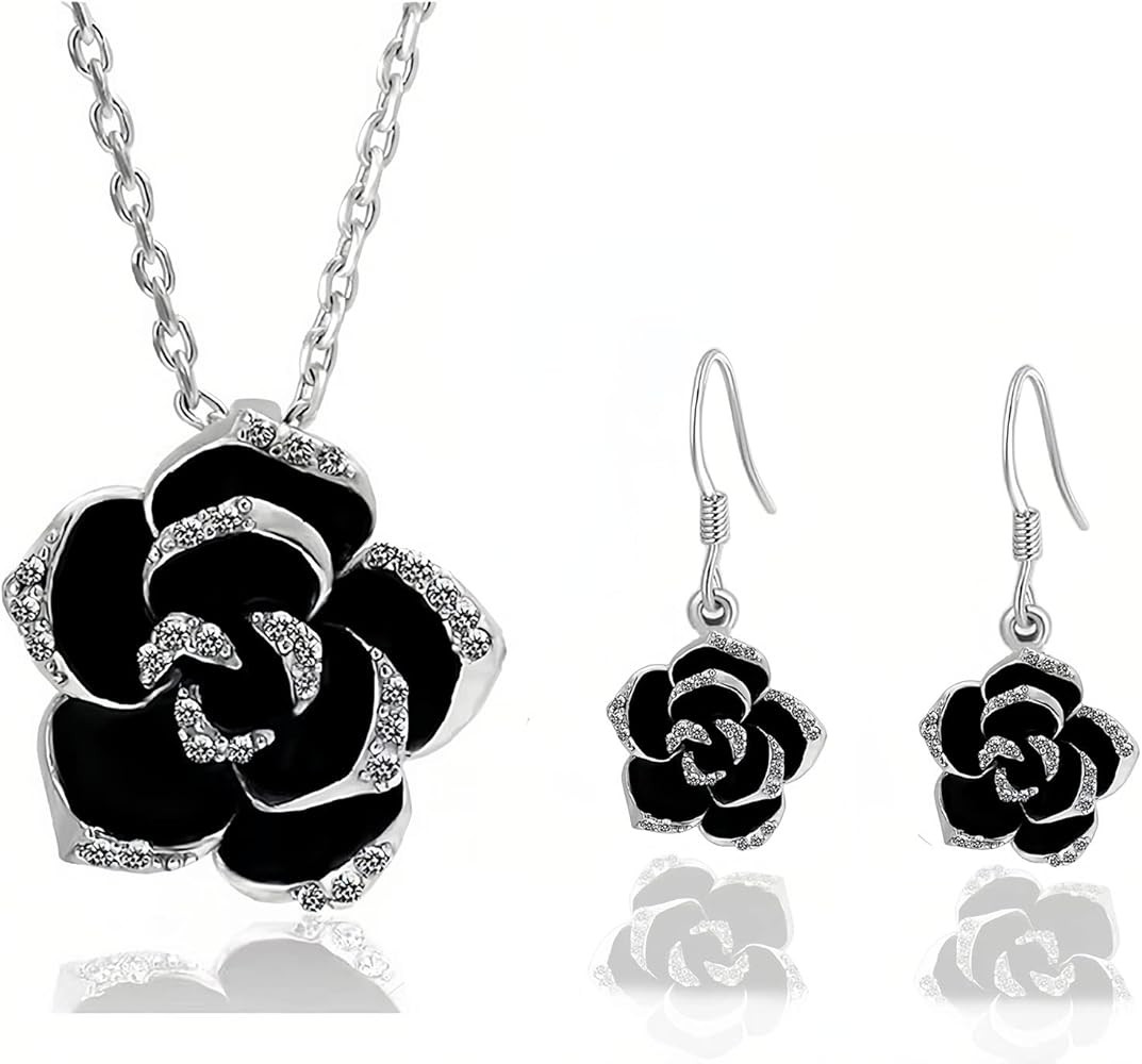 la luen Black Rose Camellia Flower Necklace Earring Jewelry Sets,Enamel Rose Camellia Flower Pend... | Amazon (US)