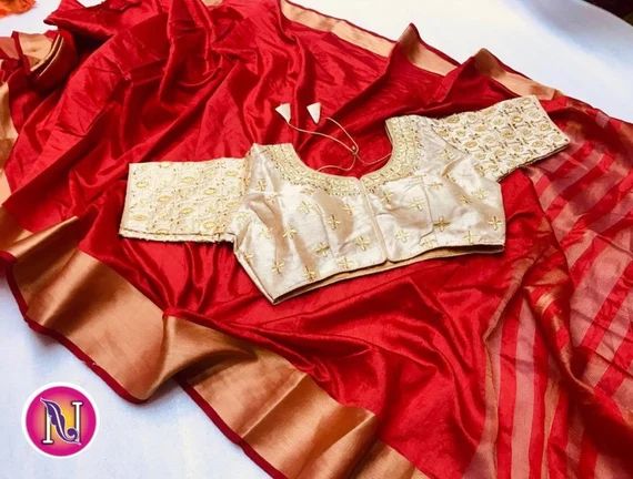 Combo Of 2 Red Saree With Readymade Beige Stitched Embroidered Blouse For Women Wedding Wear Part... | Etsy (US)