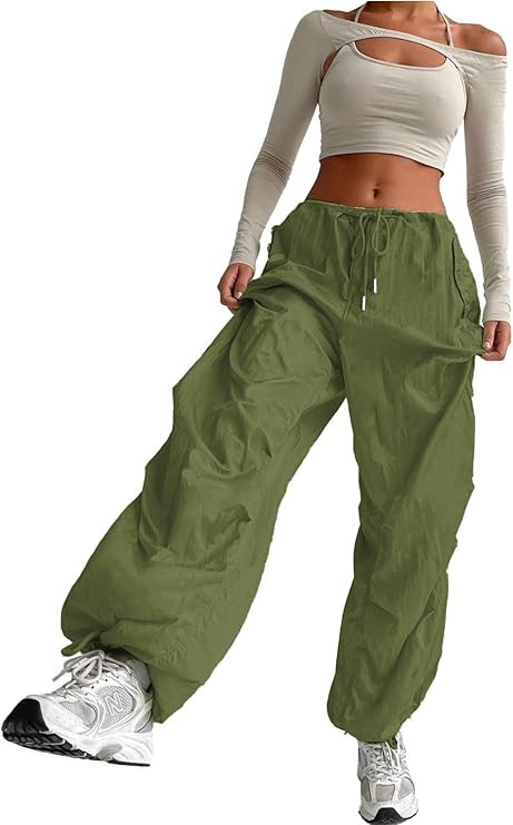 ONIRIKE Womens Parachute Pants Drawstring Elastic Low Waist Sweatpants Loose Baggy Y2K Cargo Pant... | Amazon (US)