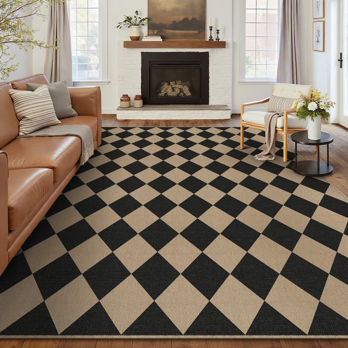 Amelia Diamond Check Faux Linen Area Rug With Non-Slip Backing-Black/Beige | Wayfair North America