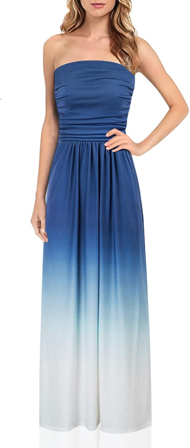 GRACE KARIN Women Strapless Casual Loose Ruched Long Maxi Dress with Pockets | Amazon (US)
