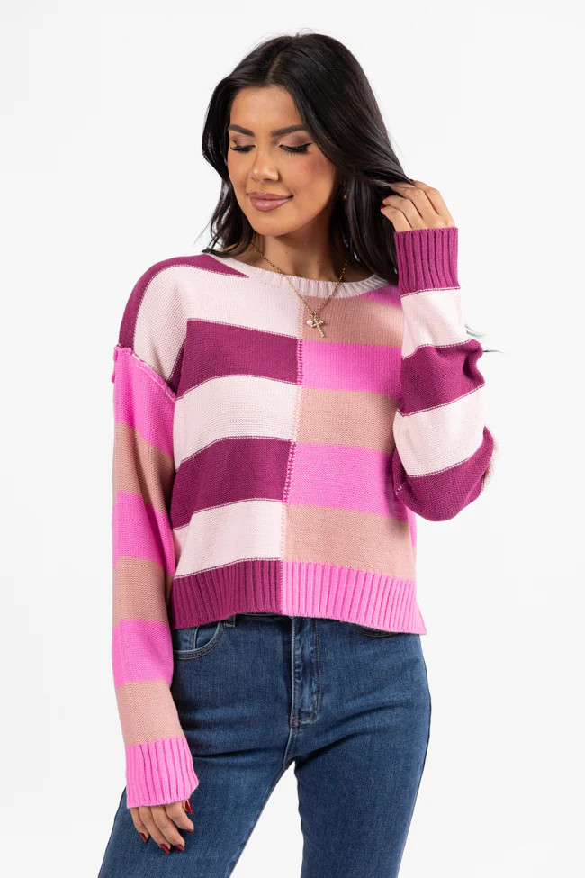 Take Your Time Pink and Berry Multi Color Block Striped Crop Sweater FINAL SALE | Pink Lily