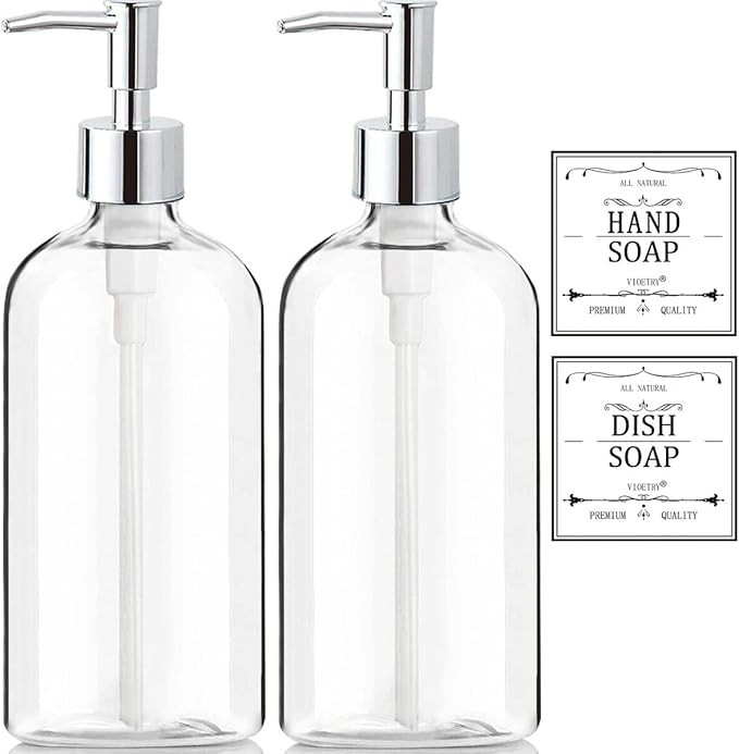 Clear Soap Dispenser with Rust Proof Pump, Waterproof Labels (2 Pack,16 Oz), Plastic Hand Soap Di... | Amazon (US)