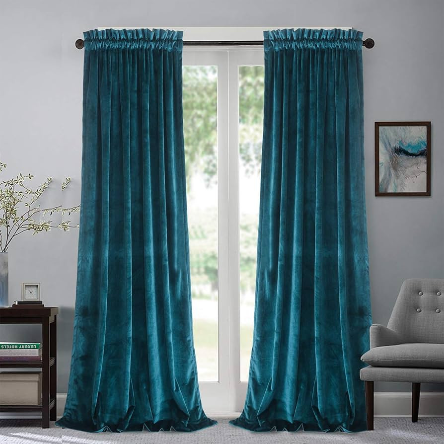Roslynwood Velvet Curtain Panels Peacock Blue Block Light Window Super Soft Luxury Drapes for Bed... | Amazon (US)