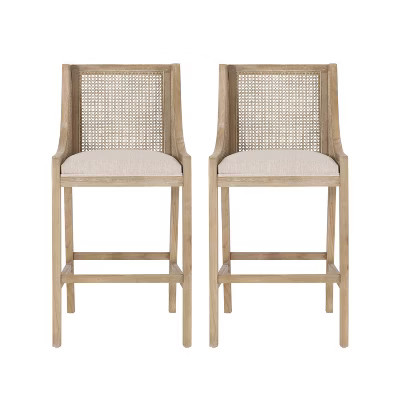 GDFStudio Oneida Rustic Fabric Upholstered Wood and Cane 30 inch Barstools (Set of 2), Beige and Natural | Target