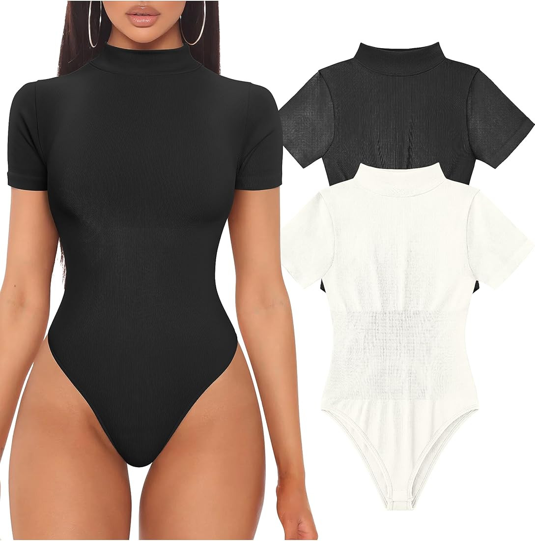 TOB Women's 2 Piece Bodysuits Sexy Ribbed High Neck Short Sleeve Tops Bodysuits | Amazon (US)