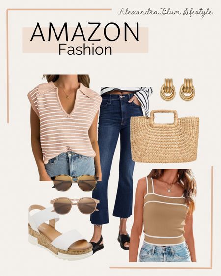 Amazon fashion finds! Amazon trends! Spring outfit idea! Summer outfit idea! Travel outfits! Sweater tank top, cropped ripped hem jeans, straw purse, white strap sandals, sunglasses, and gold earrings!

#LTKshoecrush #LTKmidsize #LTKitbag