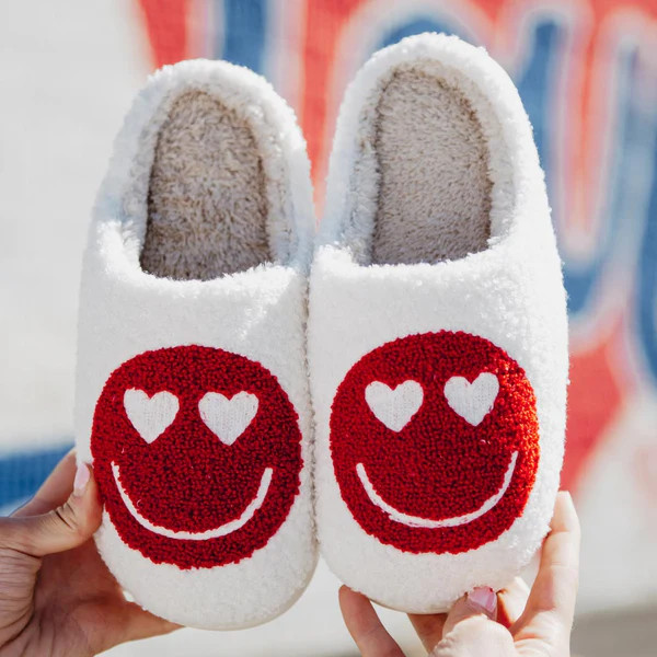 Heart Eyes Red Happy Face Slippers | Katydid.com