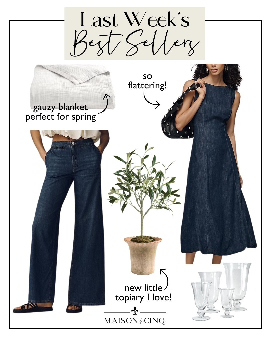 Last week’s best sellers include the most flattering denim dress, my fave olive topiary, my new wide leg jeans, and more!

Home decor, spring decor, spring fashion, spring outfit, vase, bed blanket, spring bedding 

#LTKWorkwear #LTKHome #LTKOver40