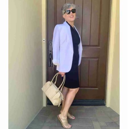 White linen j crew factory blazer over a black Tahari dress. Add nude shoes and taupe bag. Pave hoop earrings.
#ltkworkwear
#ltkover40
#ltkover50

#LTKSeasonal #LTKitbag #LTKsalealert