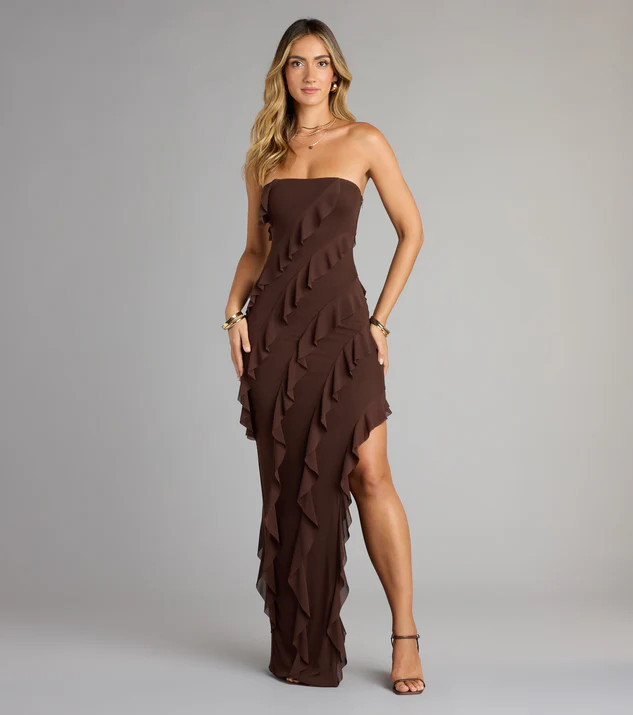 Gabby Formal Mesh Strapless Ruffle Long Dress | Windsor Stores
