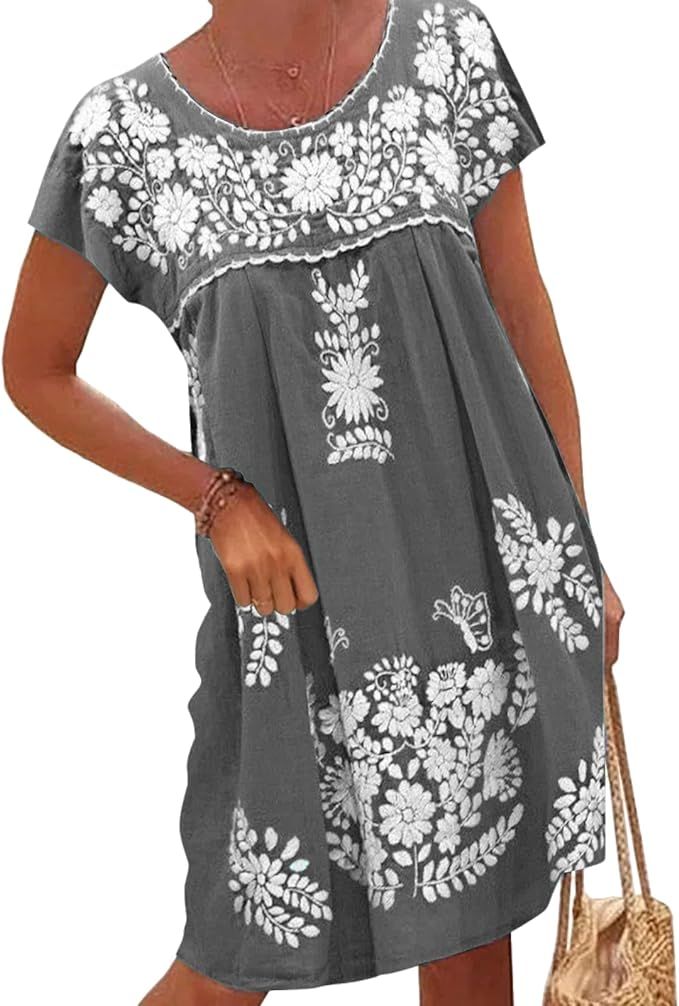 Mexican Dress for Women Short Sleeve Floral Embroidered Fiesta Dress Loose Linen Peasant Dresses | Amazon (US)