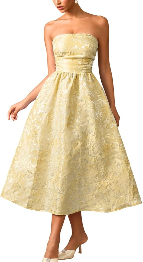 ShawGobow Strapless Corset Dress,Jacquard Formal Midi Dresses for Women,Wedding Guest Cocktail Pa... | Amazon (US)