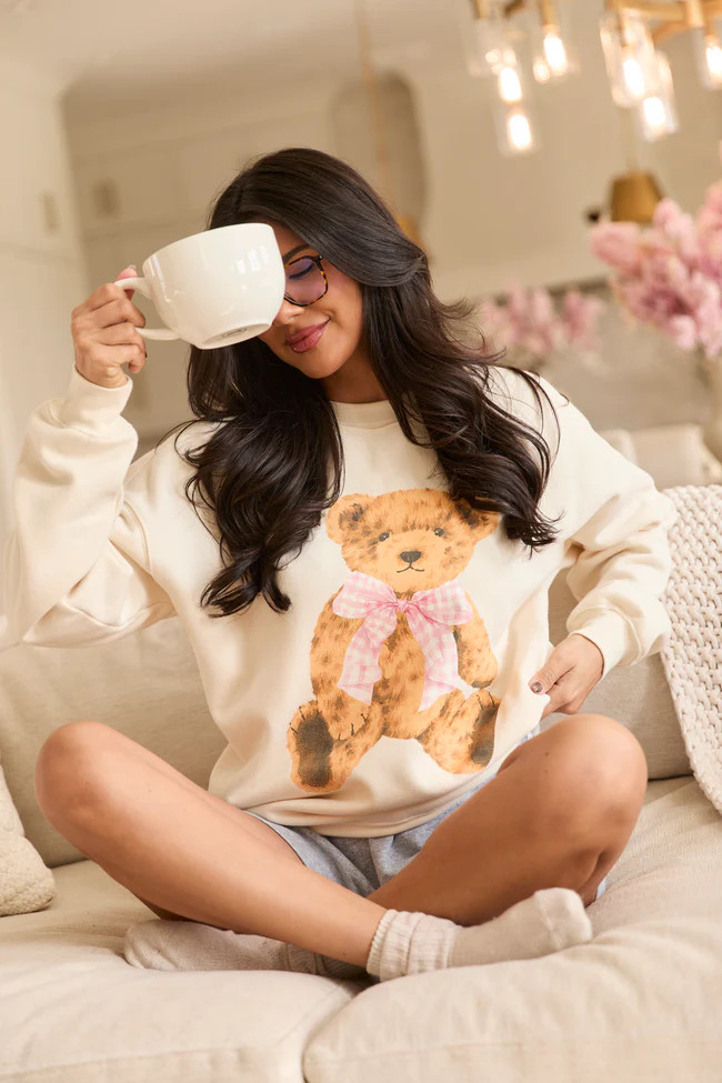 Vintage Teddy Bear Gingham Bow Cream Graphic Sweatshirt | Pink Lily