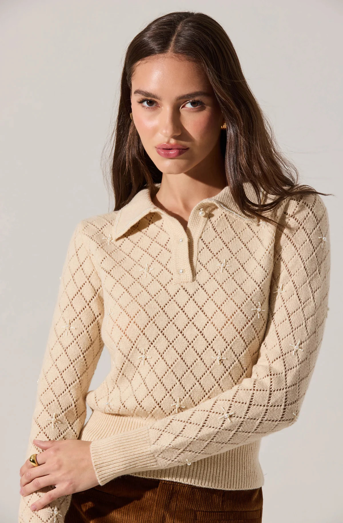 Aspyn Embellished Pointelle Polo Sweater - Natural / XS | ASTR The Label (US)