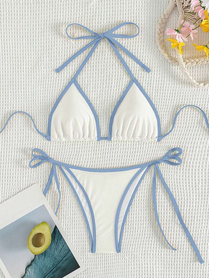 Swim Mod Women's Summer Beach Color Block Halter Neck Tie Sexy Bikini Set | SHEIN