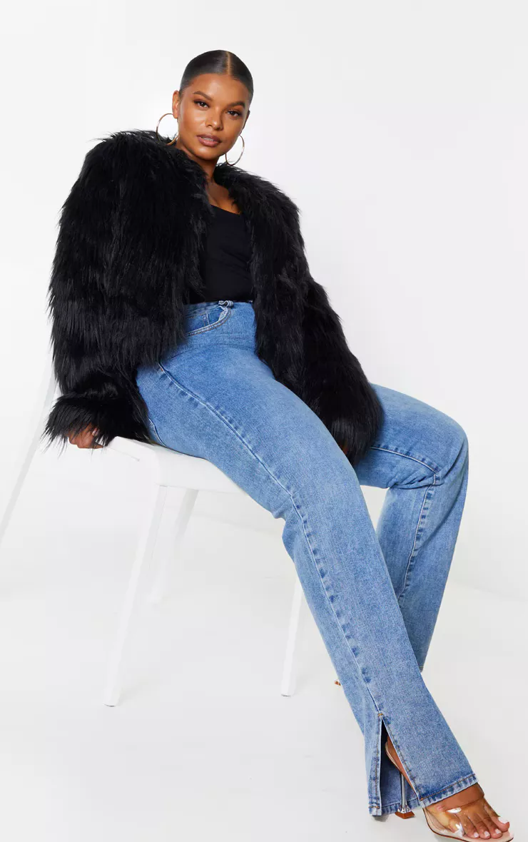 Prettylittlething Women's Plus Amaria Black Shaggy Faux Fur Jacket - Size 26