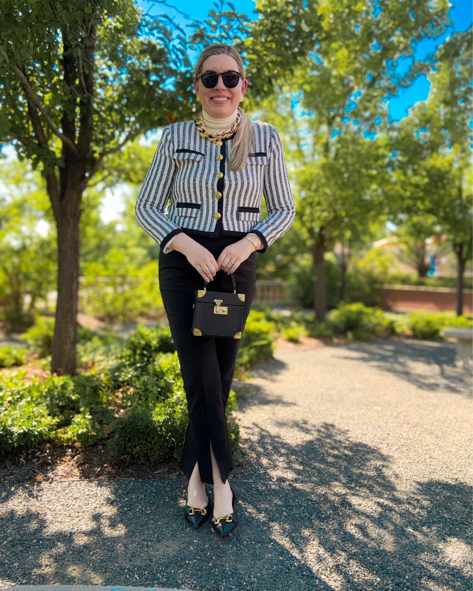 Look 1 - The Coco Cabana ☕️ 
A curated style series

I used to think there was a fine line between something looking classic or dated but lately my perspective has shifted. 

I’ve realized that what really impacts how we perceive a look has less to do with the item itself, and more to do with the personal styling touches. ✨ Something can be highly referential and still feel fresh and unique on the right person.

On the flip side, even the most “timeless” piece can feel costume-y if it doesn’t vibe with the person wearing it. Which isn’t to say that you need to “stay in your lane,” in fact I am a huge fan of surprising pairings and styling. 

There isn’t a right or wrong way to style something. For me, when a pairing feels right I know I want to wear it. That feeling evolves over time, and that’s okay as well. Recently I heard someone discussing the difference between being into clothing and being into fashion and I think both are totally valid - but a little fashion knowledge goes a long way in terms of deciding where you want to be original vs. take inspiration from others. 

At the end of the day, the most important thing is honoring what excites you and wearing what you truly love. ❤️

Blazer - Alexia Admor
Pants - Gibson & Latimer from Dillards (similar linked)
Shoes - Boden (similar linked)
Necklace - Dillards (similar linked)
Sunglasses - Tom Ford (linked)
Earrings - Vintage Givenchy (linked)
Ring & Bracelet - Rocksbox
Bag - Dillards (Antonio Melani) 

#LTKStyleTip #LTKItBag #LTKSeasonal