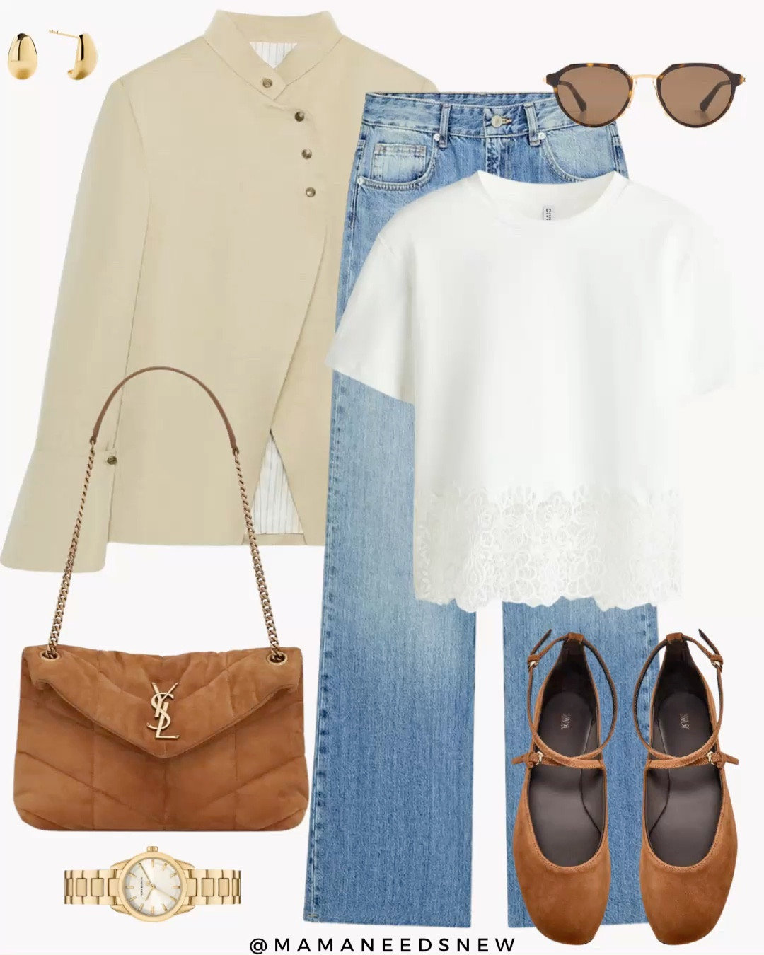 A spring outfit with a beige high collar blazer, jeans, white lace trim tshirt, suede shoulder bag, suede flats 🤍🤎

#LTKSaleAlert #LTKootd #LTKSeasonal