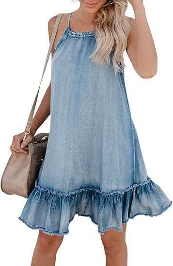 Cosygal Women's Denim Sleeveless Halter Ruffle Back Hollow Out Loose Mini Dress | Amazon (US)