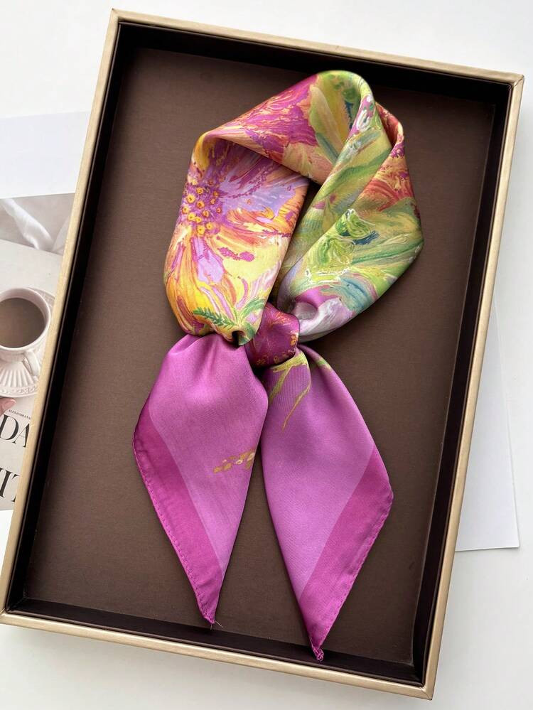 1pc Oil Painting Print Scarf/Handkerchief, Faux Silk Printed Headscarf, Versatile Women Scarf,Beach,Holiday | SHEIN