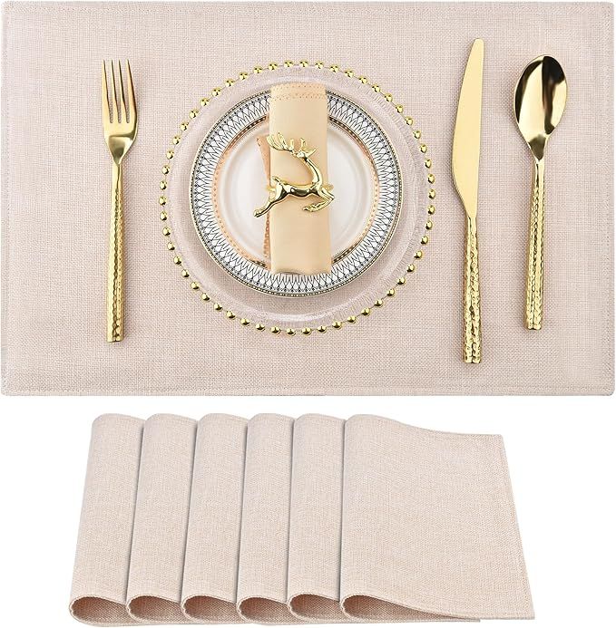 SLKQG Cloth Placemats Set of 6 - Double Thickened Easy to Clean Linen Style Fabric Placemats - Ma... | Amazon (US)