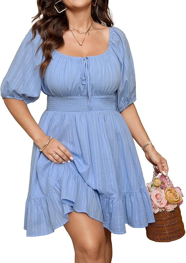 SCOMCHIC Women's Plus Size Summer Dresses Cotton Short Sleeve Square Neck Ruffle A-Line Flowy Par... | Amazon (US)