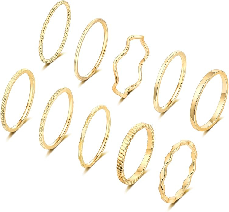 WFYOU 10 Pcs 1-2mm 18K Gold Plated Simple Rings for Women Band Knuckle Stacking Midi Rings Elegan... | Amazon (US)