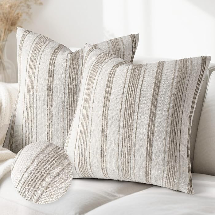 20x20 Decorative Farmhouse Linen Throw Pillow Covers, Beige with Brown Chenille Striped Pillow Ca... | Amazon (US)
