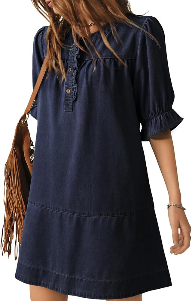 Dokotoo Women's Denim Dress 2026 Babydoll Dress Casual Ruffle Short Sleeve Button Jean Dresses | Amazon (US)
