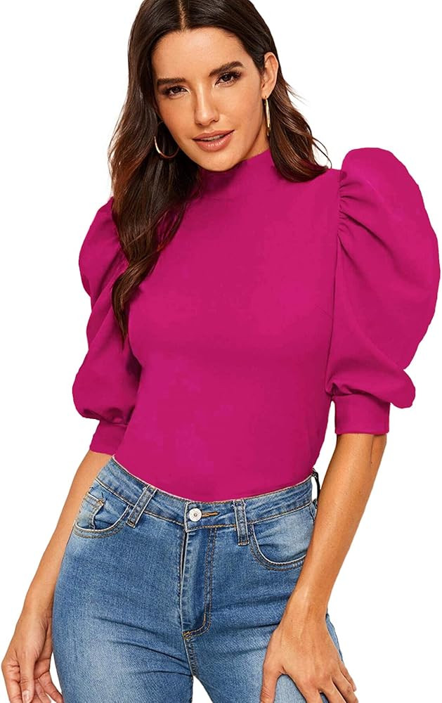 Romwe Women's Puff Half Sleeve Mock Neck Keyhole Back Slim Fit Blouse Tops | Amazon (US)
