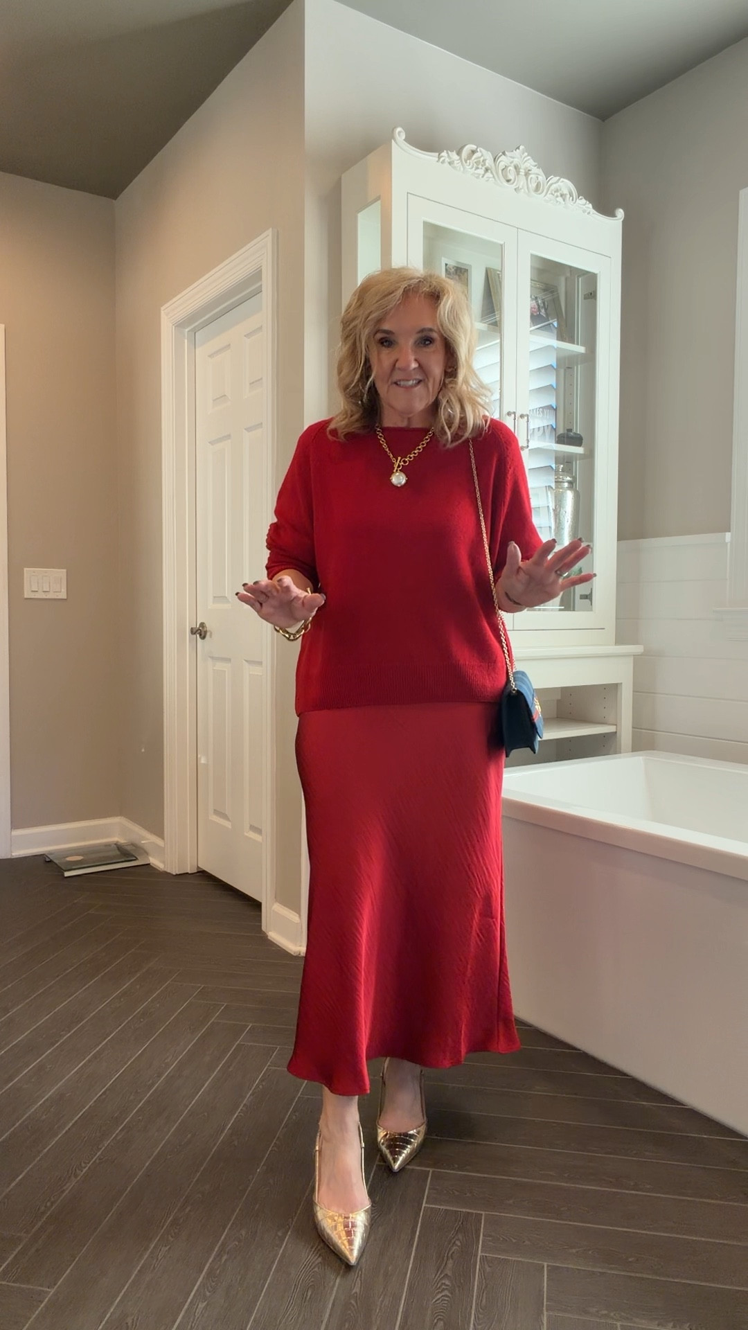 Cashmere sweater this is a large but medium true to size silk work 
Slip skirt size down 
Linking several cute holiday bags 

#LTKFindsUnder100 #LTKHoliday #LTKOver40