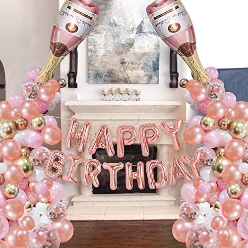 Rose Gold Champagne Bottle Balloon Garland Arch Kit, Rose Gold Happy Birthday Banner Balloons for... | Amazon (US)