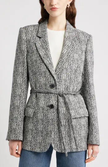 Nordstrom The Liv Belted Textured Boyfriend Blazer in Black Ivory Herringbone at Nordstrom Rack, Size Small | Nordstrom Rack