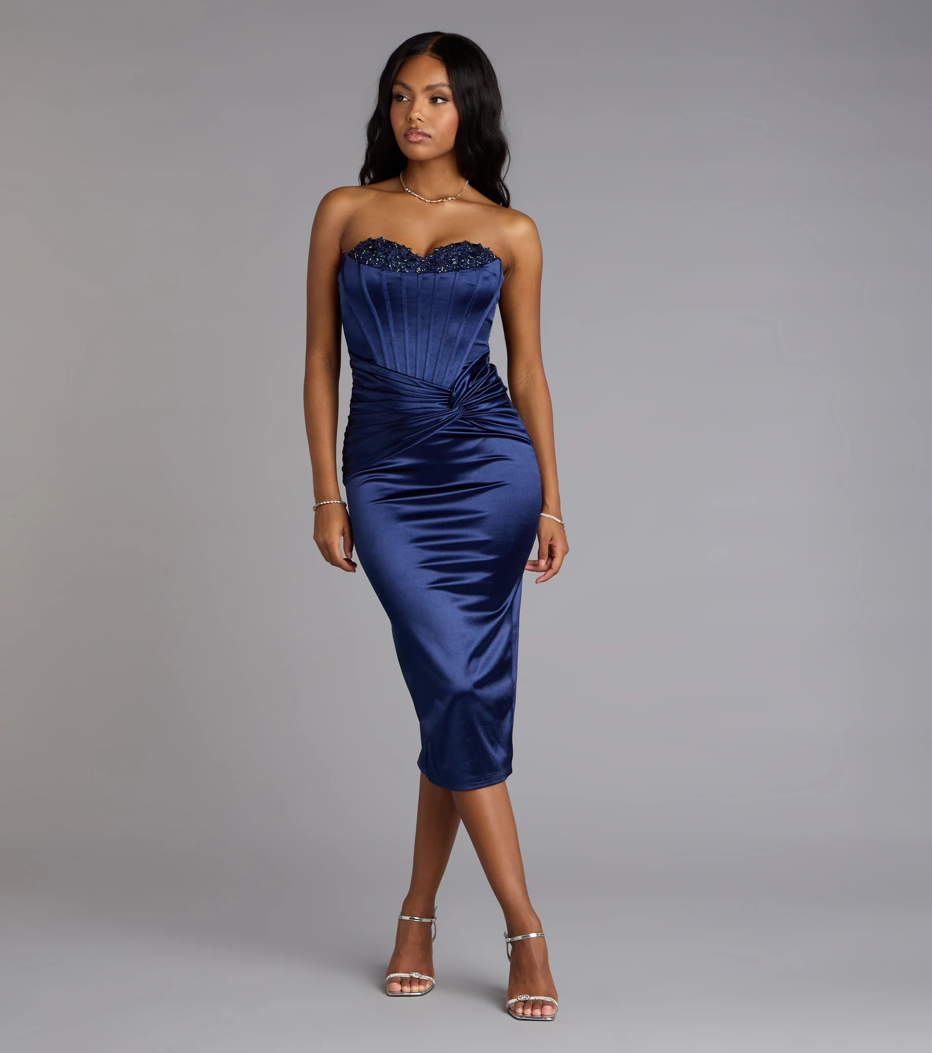 Christy Satin Lace-Up Bustier Midi Formal Dress | Windsor Stores
