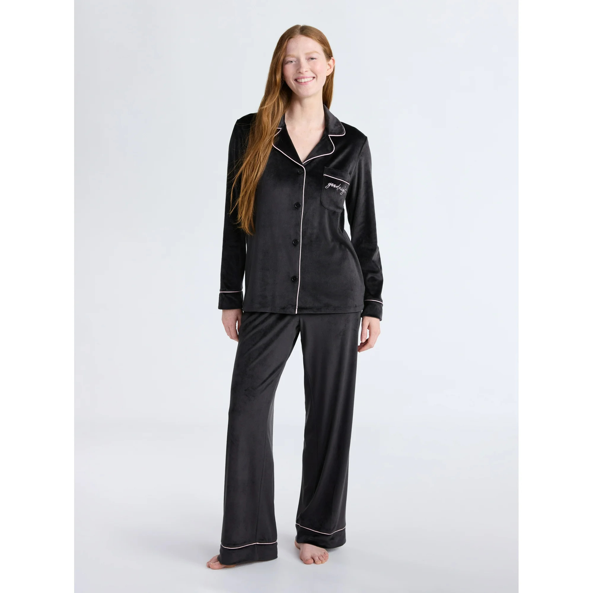 Joyspun Women’s Stretch Velour Notch Collar Long Sleeve Pajama Set, Sizes XS to 4X | Walmart (US)