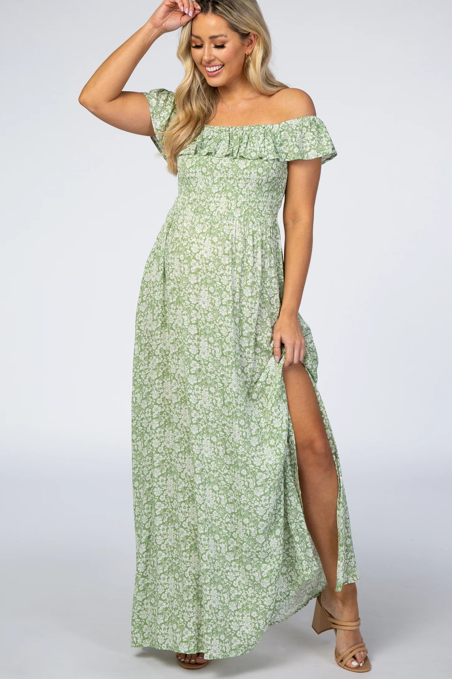 Green Floral Ruffle Off Shoulder Maternity Maxi Dress | PinkBlush Maternity