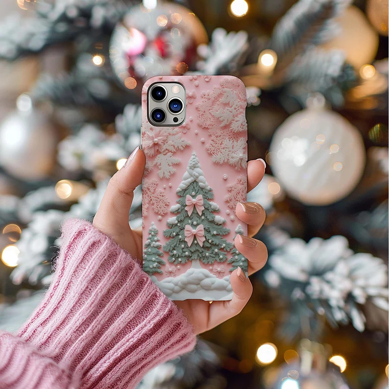 Coquette Christmas Tree Phone Case Delicate Bows Girly Pastel Pinks Little Bows 3D Snowflake Shab... | Etsy (US)