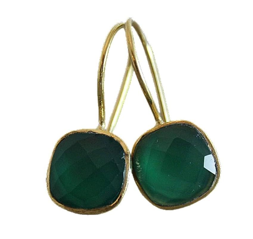 Cushion Cut Green Onyx Gold Plated Sterling Silver Drop Earrings - Handmade Gemstone Jewelry Gift... | Amazon (US)