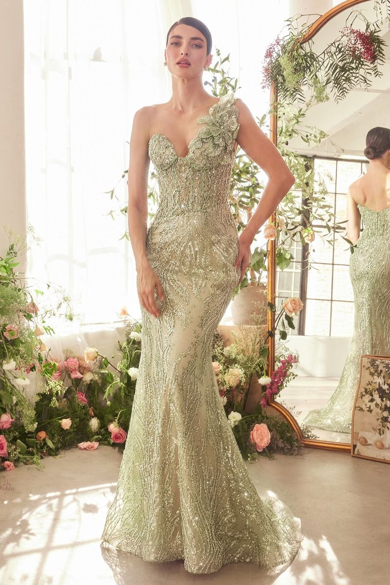 A1392 - ONE SHOULDER FULLY BEADED FLORAL MOTIF GOWN - GREENERY - Andrea & Leo | Lady Black Tie