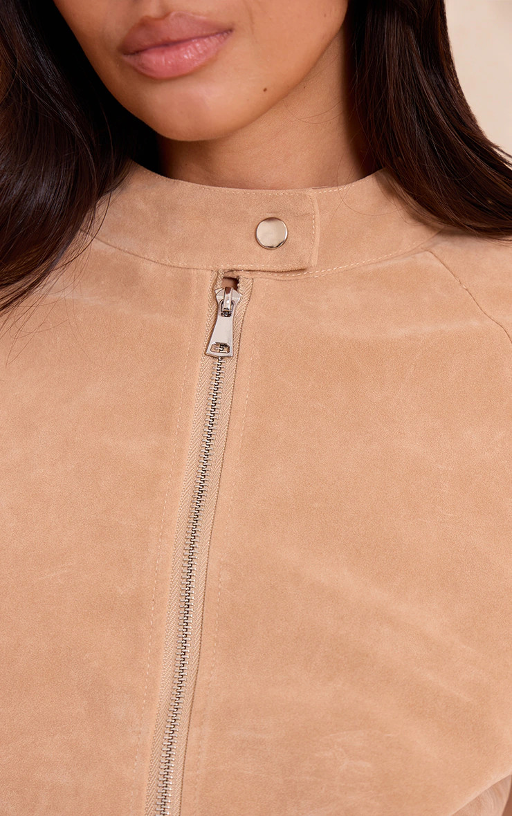 Sand Faux Suede Racer Neck Jacket | Outerwear | PrettyLittleThing US